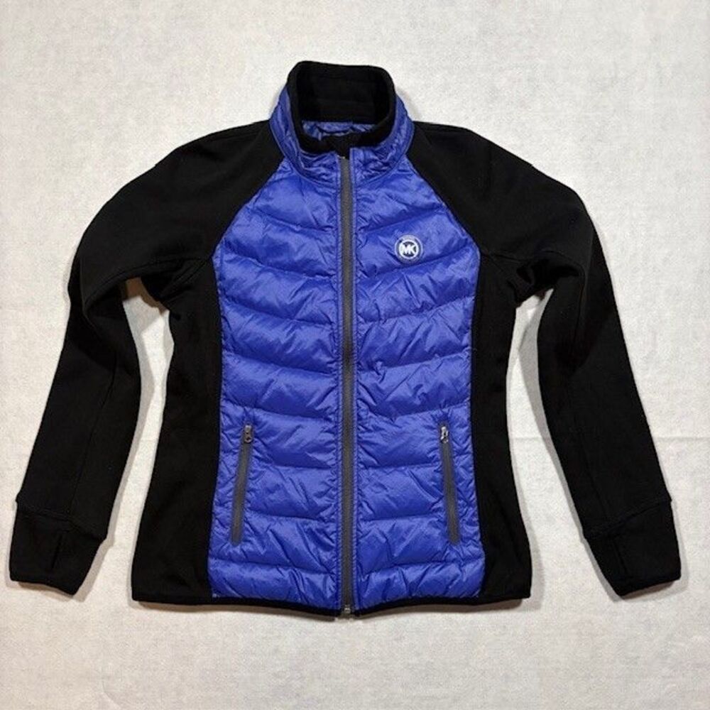 Michael Kors Women’s Size S Blue Puffer Jacket Black Sleeves Zip Up Coat